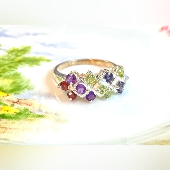 Tanzanite|Topaz|Peridot|Amethyst|Garnet Sterling Silver Cluster Ring - Picture 4 of 8